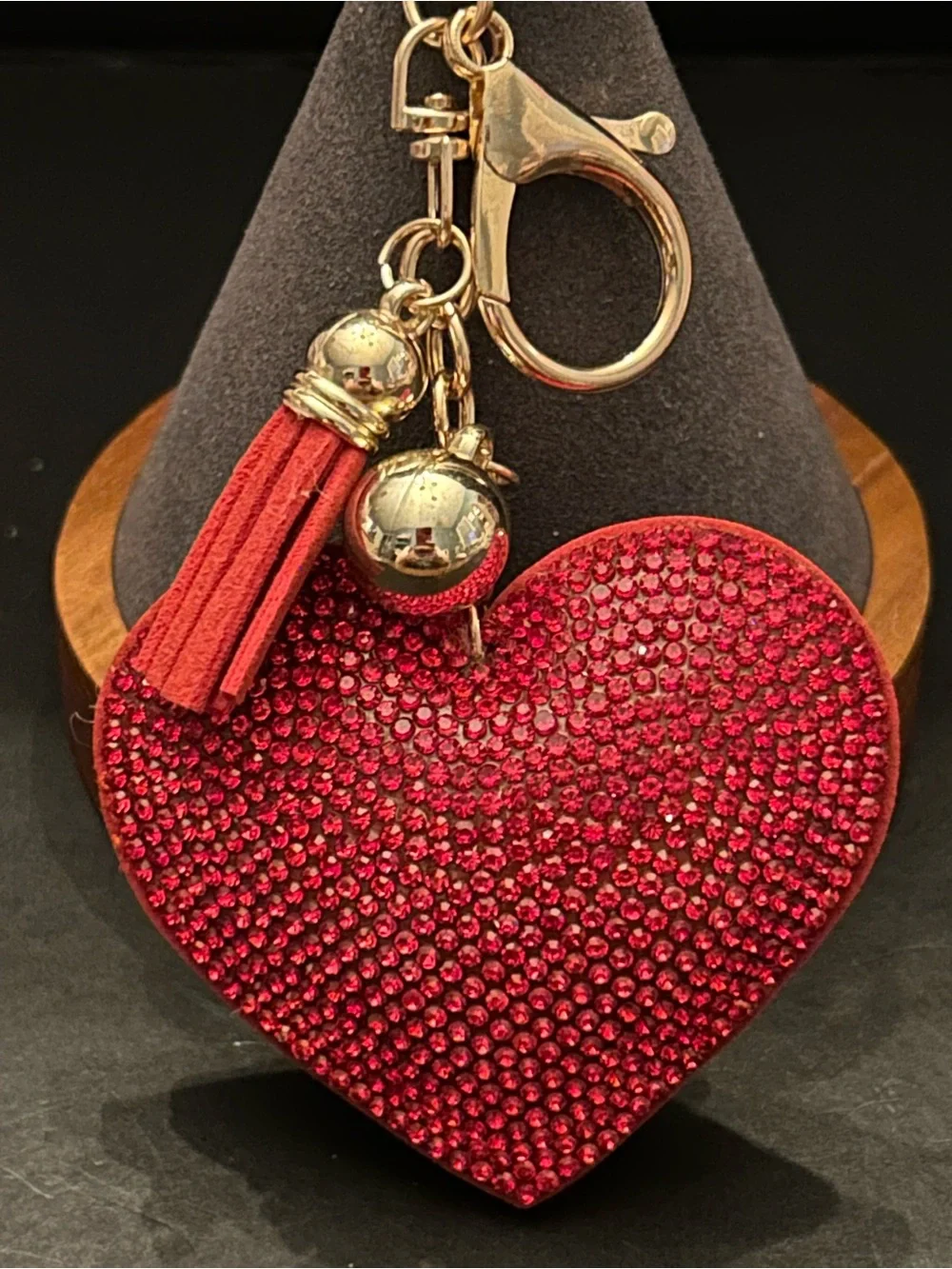 PREMIUM Puffy Red Crystal Heart ❤️ Bag Charm Keychain Key & Card Holder w/Tassel